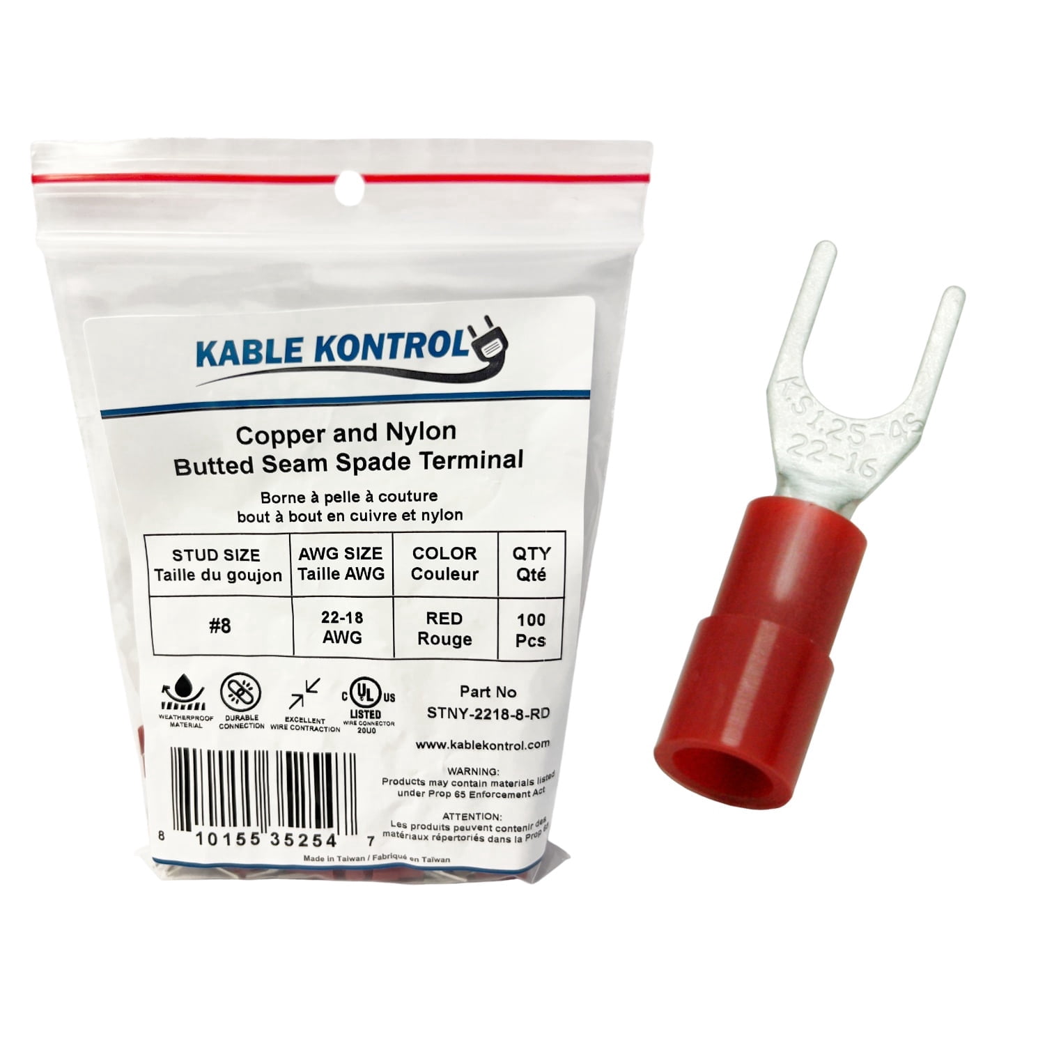 Spade Connector - Electrical Wire Terminal - Male - Nylon Insulated - 22-18 AWG - Stud Size # 8 - Red - 100 Pcs