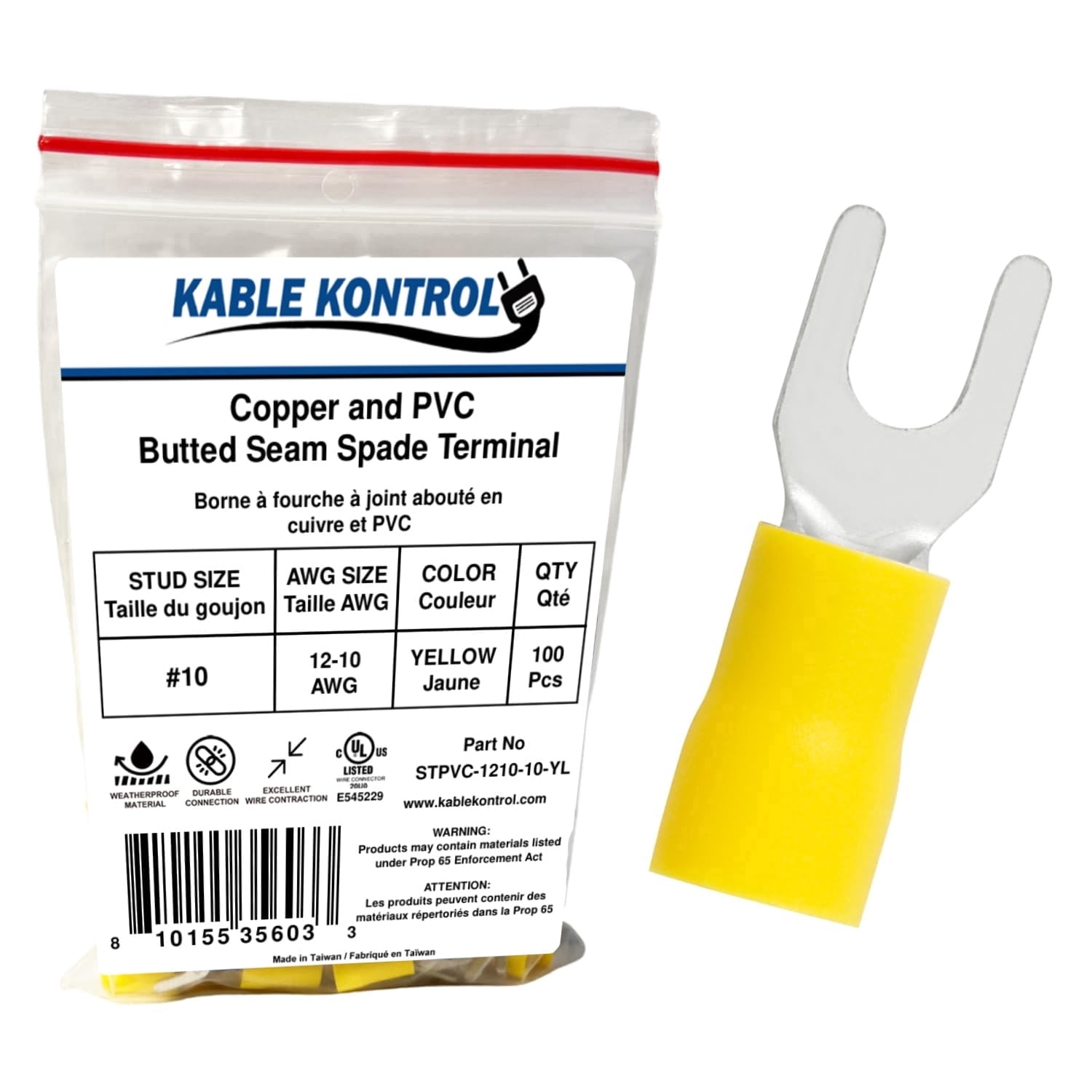Spade Connector - Electrical Wire Terminal - Male - PVC Vinyl Insulated - 12-10 AWG - Stud Size # 10 - Yellow - 100 Pcs