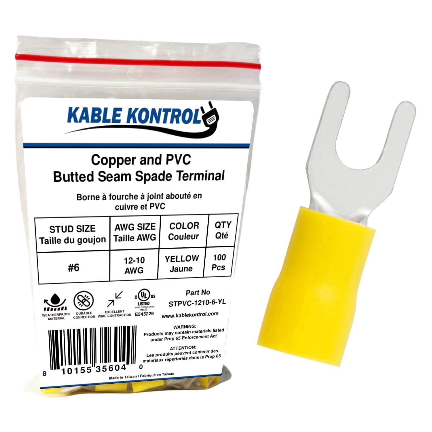 Spade Connector - Electrical Wire Terminal - Male - PVC Vinyl Insulated - 12-10 AWG - Stud Size # 6 - Yellow - 100 Pcs