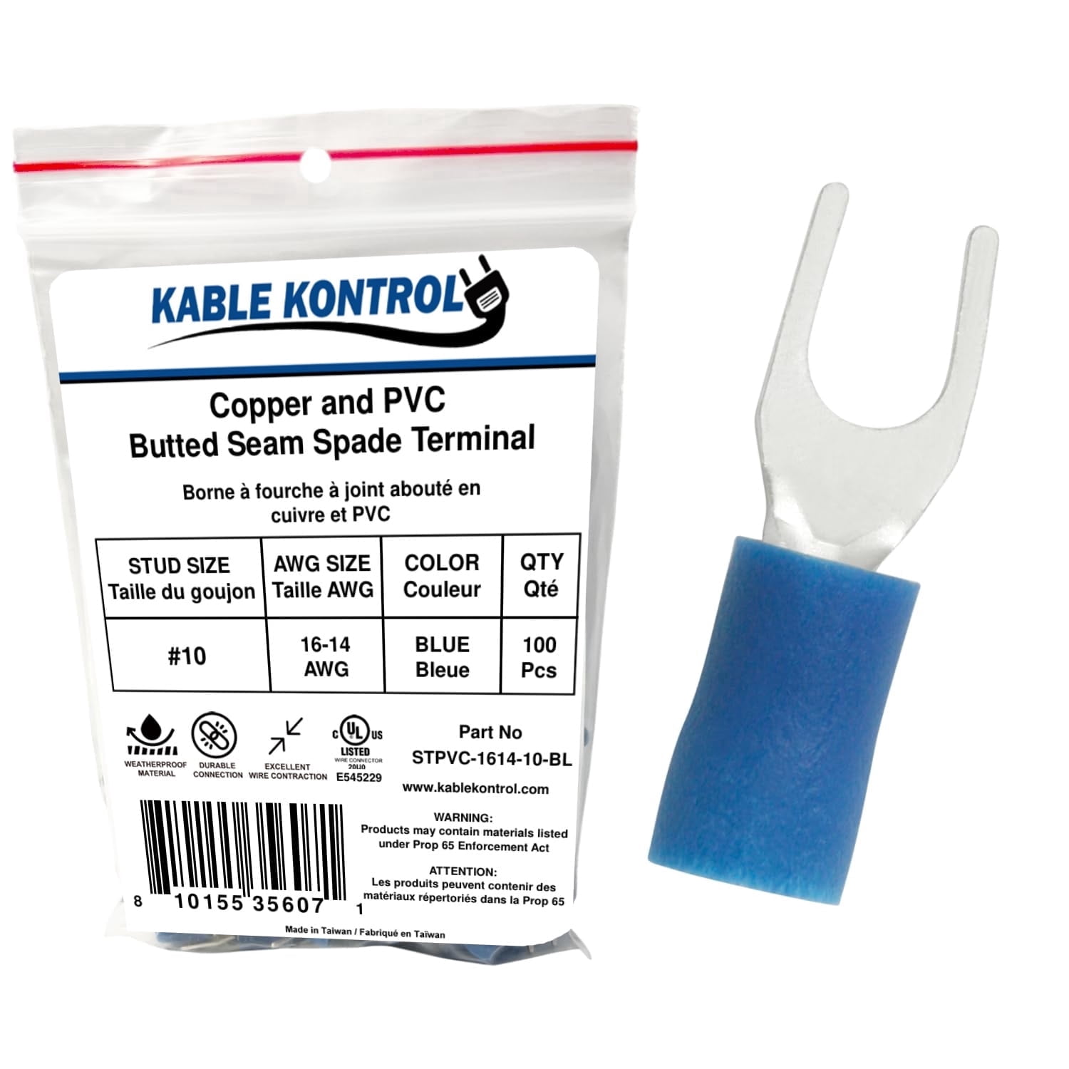 Spade Connector - Electrical Wire Terminal - Male - PVC Vinyl Insulated - 16-14 AWG - Stud Size # 10 - Blue - 100 Pcs