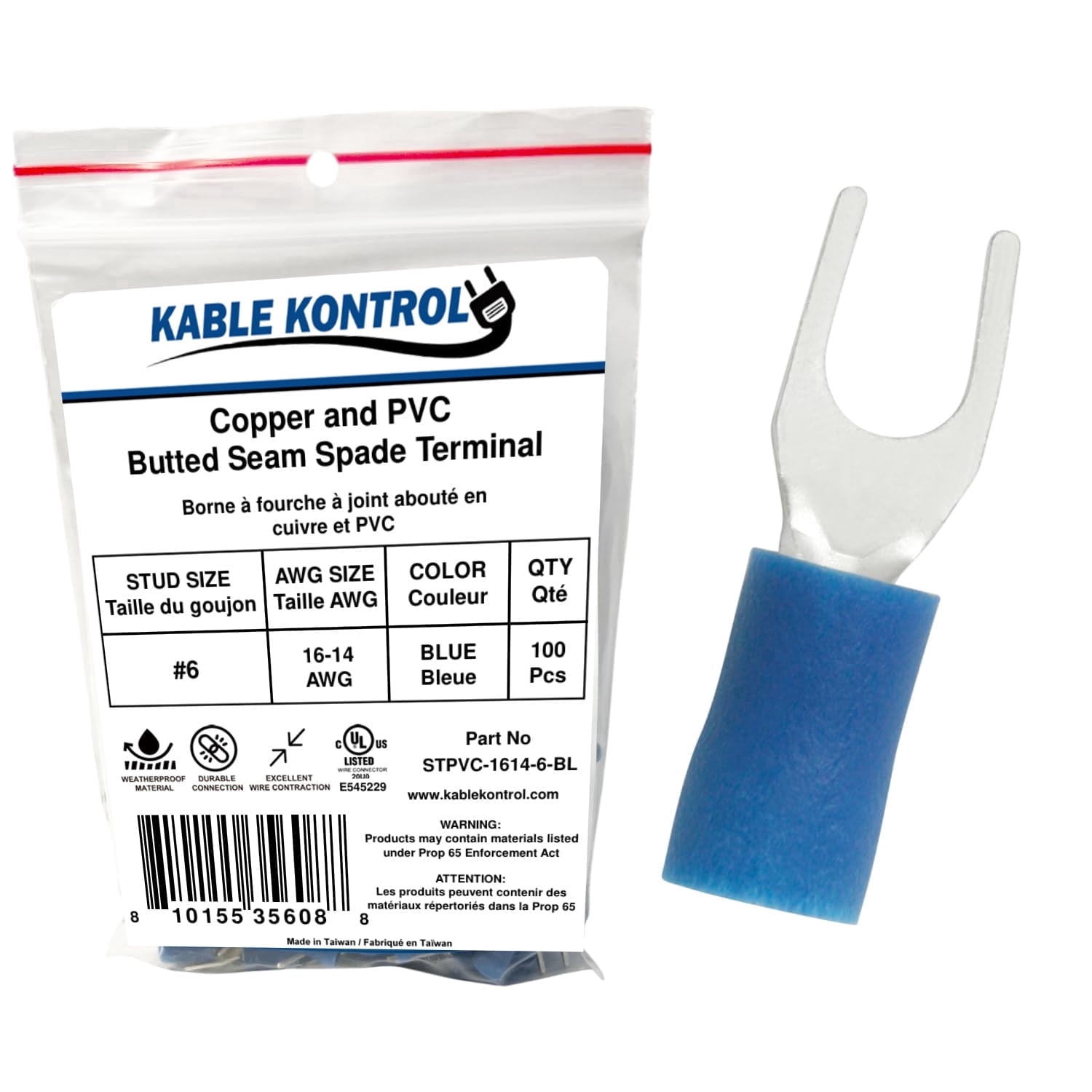 Spade Connector - Electrical Wire Terminal - Male - PVC Vinyl Insulated - 16-14 AWG - Stud Size # 6 - Blue - 100 Pcs