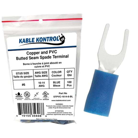 Spade Connector - Electrical Wire Terminal - Male - PVC Vinyl Insulated - 16-14 AWG - Stud Size # 6 - Blue - 100 Pcs