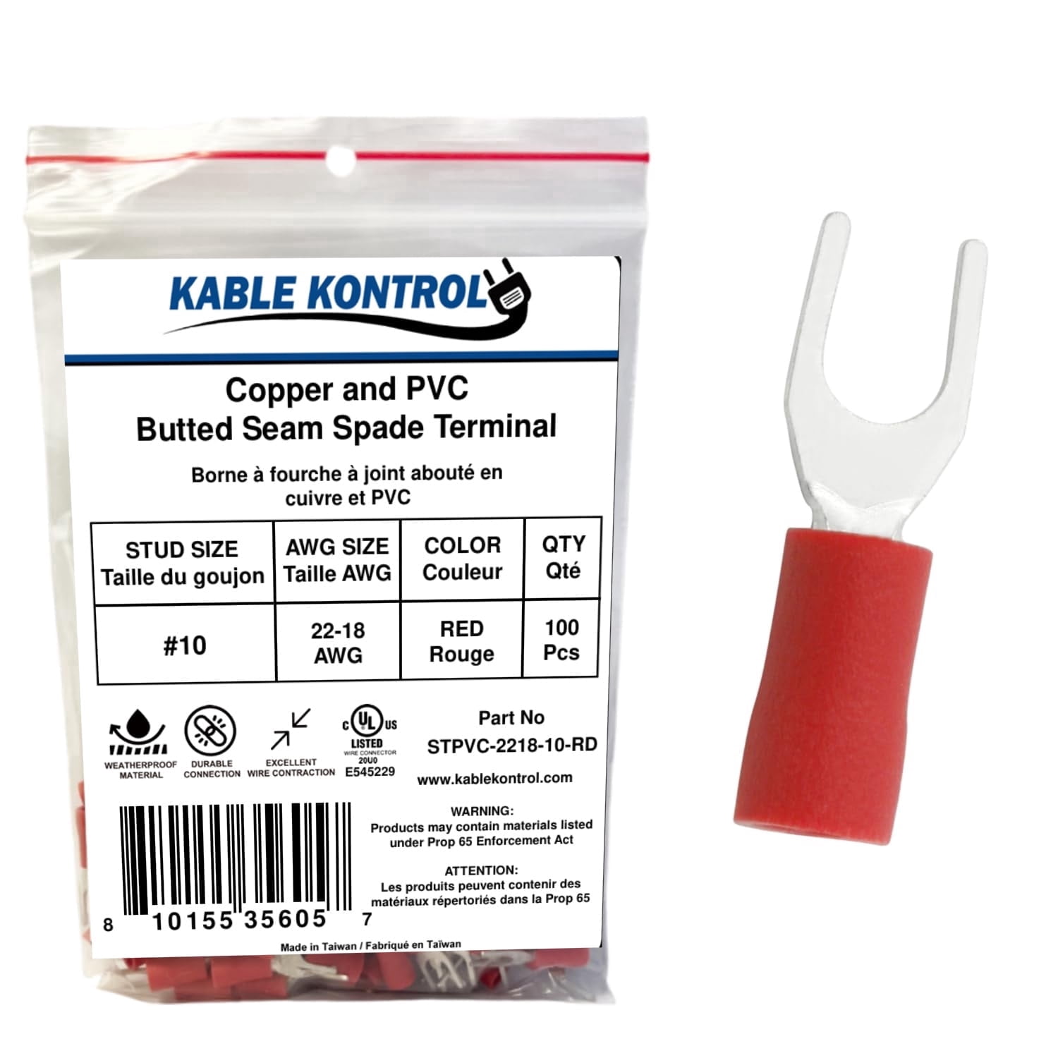Spade Connector - Electrical Wire Terminal - Male - PVC Vinyl Insulated - 22-18 AWG - Stud Size # 10 - Red - 100 Pcs