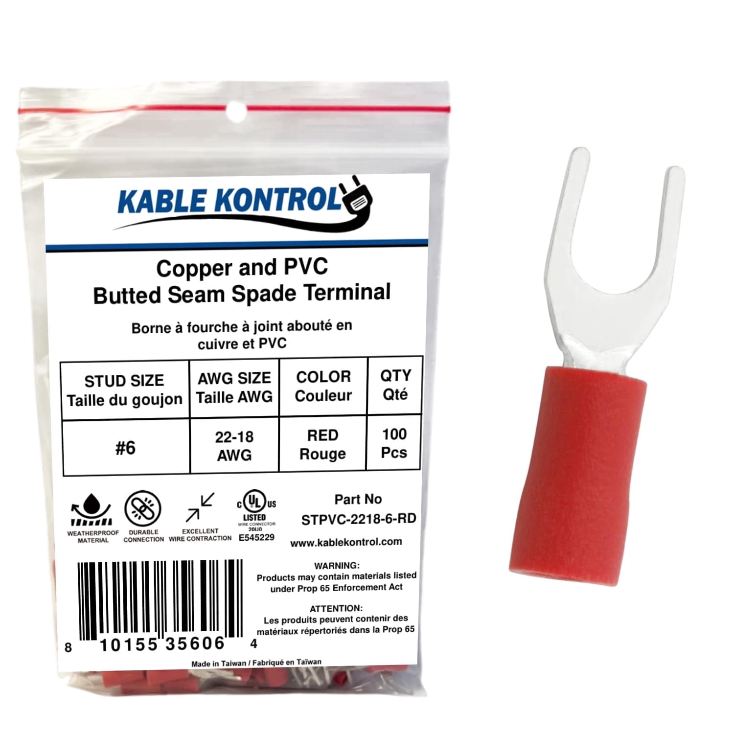 Spade Connector - Electrical Wire Terminal - Male - PVC Vinyl Insulated - 22-18 AWG - Stud Size # 6 - Red - 100 Pcs
