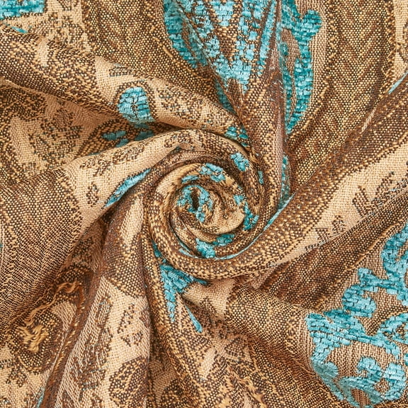 Spade Damask Chenille 58/59" Heavyweight Upholstery Jacquard Polyester Fabric By The Yard (Beige / Turquoise, 5 Yards)