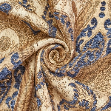 Spade Damask Chenille Upholstery Brocade Jacquard 58/59" Fabric By The Yard - Beige / Royal Blue