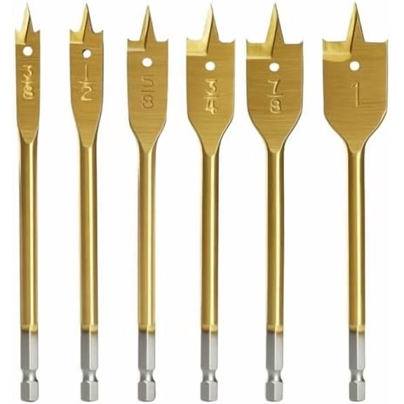 Spade Drill Bit Set- Paddle Flat Bits, Hole , Titanium Coating, Carbon Steel, Woodworking, 6-Pieces, 3/8"-1"