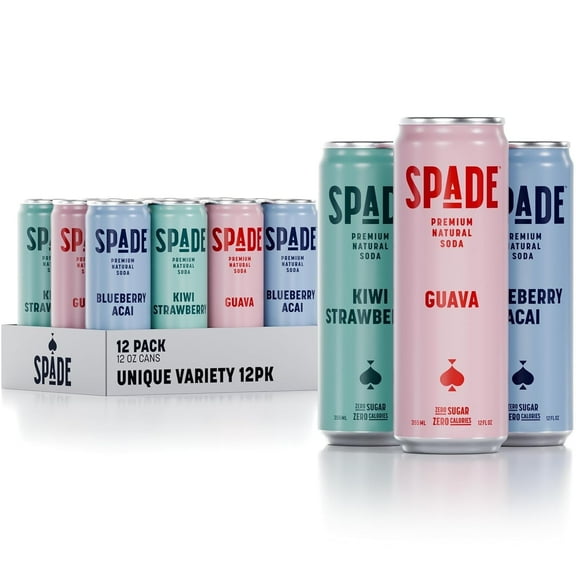 Spade Premium Natural Soda Zero Sugar Unique Variety Pack (12 Pack, 3 Flavors, 12 oz Cans)