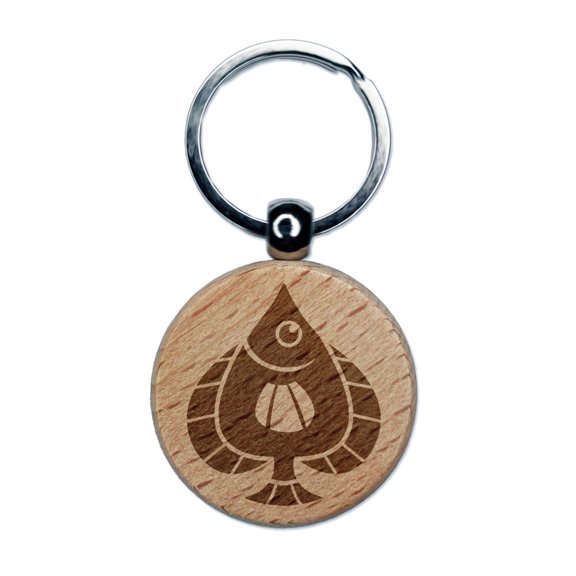 Spade Shaped Fish Cartoon Round Keychain Charm Tag - Engraved Wood
