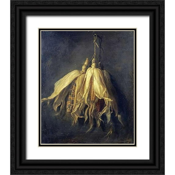 Spaendonck, Cornelis Van 26x31 Black Ornate Wood Framed with Double Matting Museum Art Print Titled - Three Corncobs Hanging From a Nail