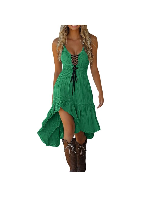 Spagehtti Straps Lace Splicing Cowgirl Dress For Women Drawstring Ruched Bust Asymmetrical Hem A Line Swing Dress For Cosplay Event