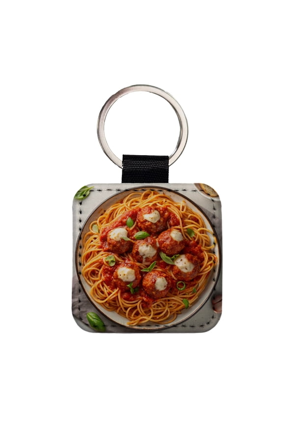 Spaghetti And Meatballs Top Down View Pasta Faux Leather Square Keychain