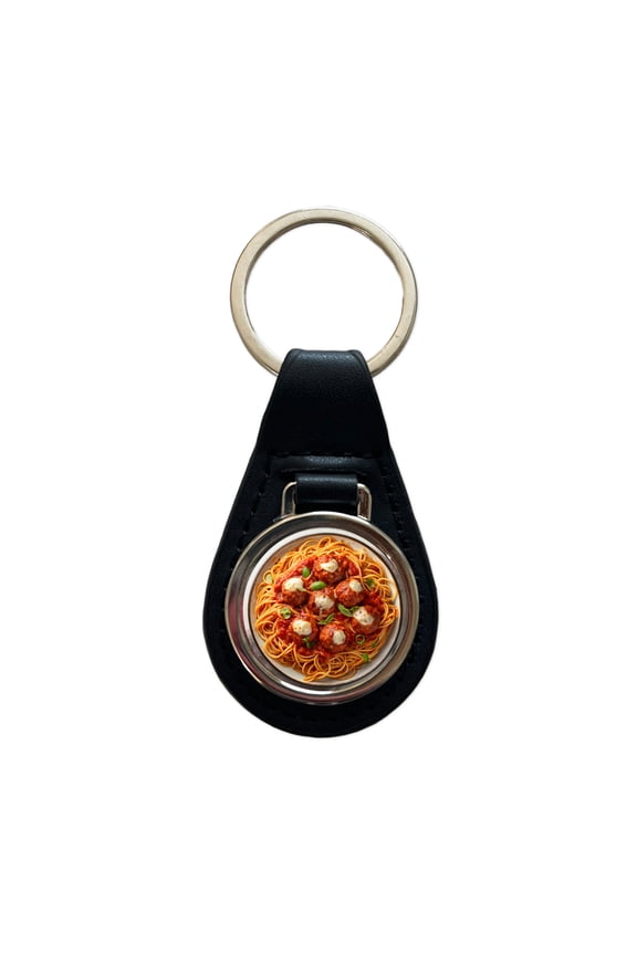 Spaghetti And Meatballs Top Down View Pasta Metal Black Leather Keychain