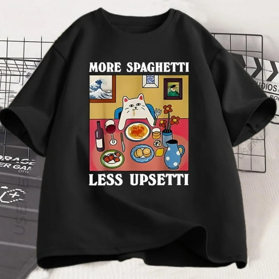 Spaghetti Cat Graphic Tee Funny T Shirt Tops T Shirt Tops Short Sleeve Round Neck Black S-5XL