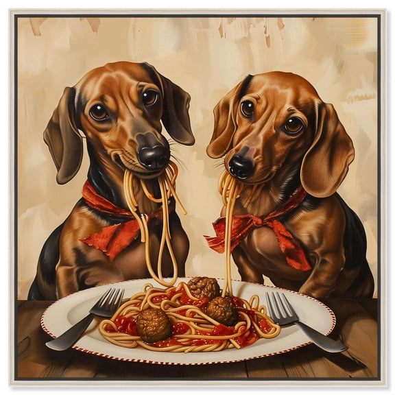 Spaghetti Date II Canvas Cute Pet Art Prints by Art Remedy, Silver Frame, 12" x 12"