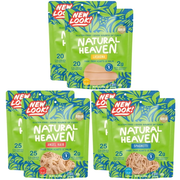 Natural Heaven Hearts of Palm Pasta Variety 6-Pack Spaghetti Noodles, Angel Hair, Lasagna, Low-Calorie, Keto & Gluten-Free Food, Vegan, 9 Oz Ea