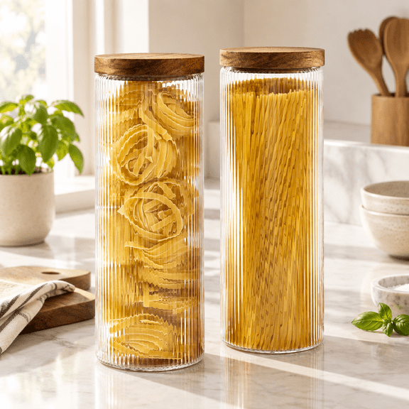 Spaghetti Jars-60oz-2x Ribbed Borosilicate Glass Food Storage Canisters with Airtight Wood Lids