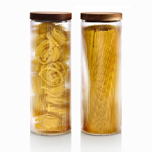 Spaghetti Jars 60oz 2x Ribbed Glass Pasta Storage Canister With Wooden