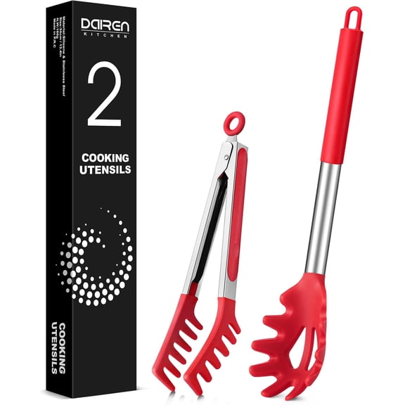 Spaghetti Spoon and Pasta Tong, Non-stick Silicone Spoon Server Fork with teeth and Stainless Steel Handle Spaghetti Tong, Food Clip for Spaghetti Noodle (RED)