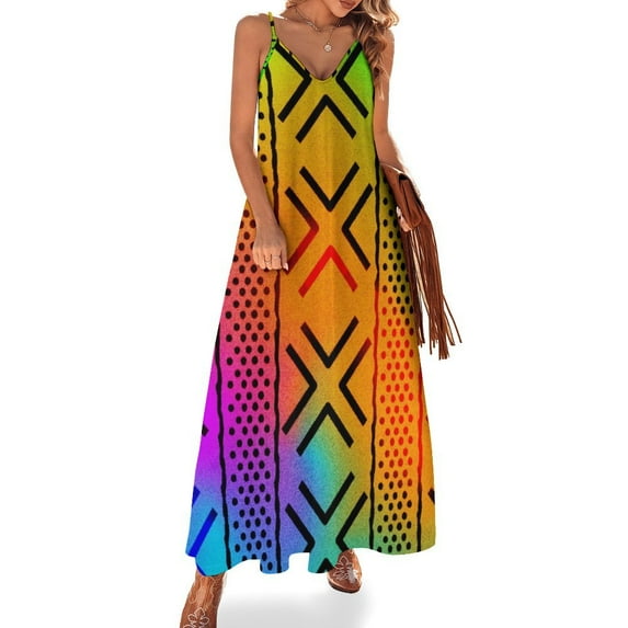 Spaghetti Strap Ankle-Length Dress, Rainbow African Print (Color:Rainbow; Size:XL;)