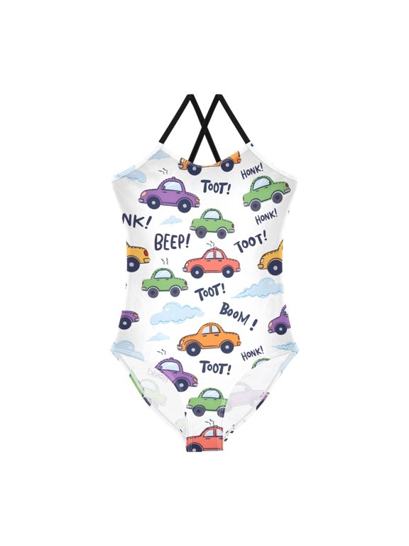 Spaghetti Strap Automobile Clouds One Piece Swimsuit Stretch Beach Sport Bathing Suit Size 3T-10T