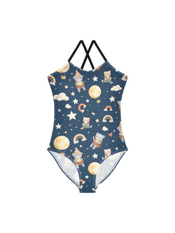 Spaghetti Strap Bear Rainbow Clouds Hot Air Balloon One Piece Swimsuit Stretch Beach Sport Bathing Suit Size 3T-10T