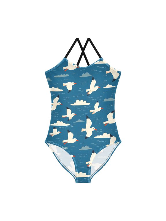 Spaghetti Strap Bird White Cloud One Piece Swimsuit Stretch Beach Sport Bathing Suit Size 3T-10T