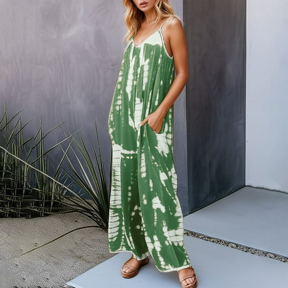 Spaghetti Strap Bohemian Summer Jumpsuits For Women Tie Dye Pant Rompers Casual Loose Plus Size With Pockets Strapless Pant Rompers Women Women Jumpsuit Long Sleeve off Shoulder Romper Jumpsuit