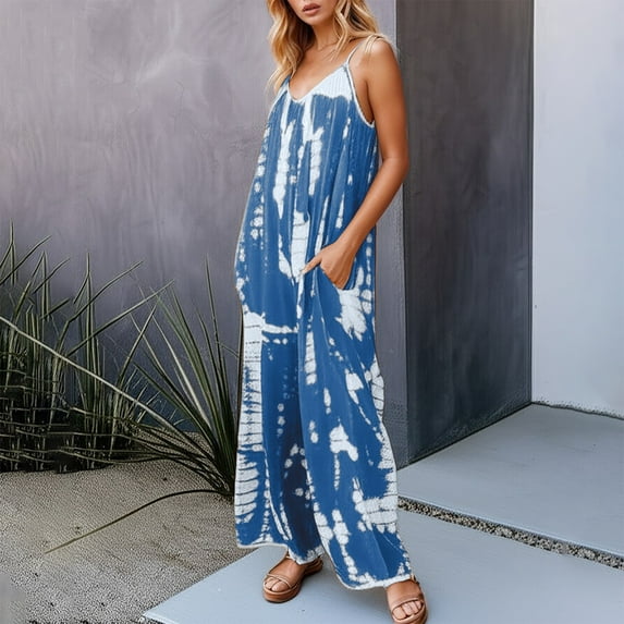 Spaghetti Strap Bohemian Summer Jumpsuits For Women Tie Dye Pant Rompers Casual Loose Plus Size With Pockets Strapless Pant Rompers Women Women Jumpsuit Long Sleeve off Shoulder Romper Jumpsuit