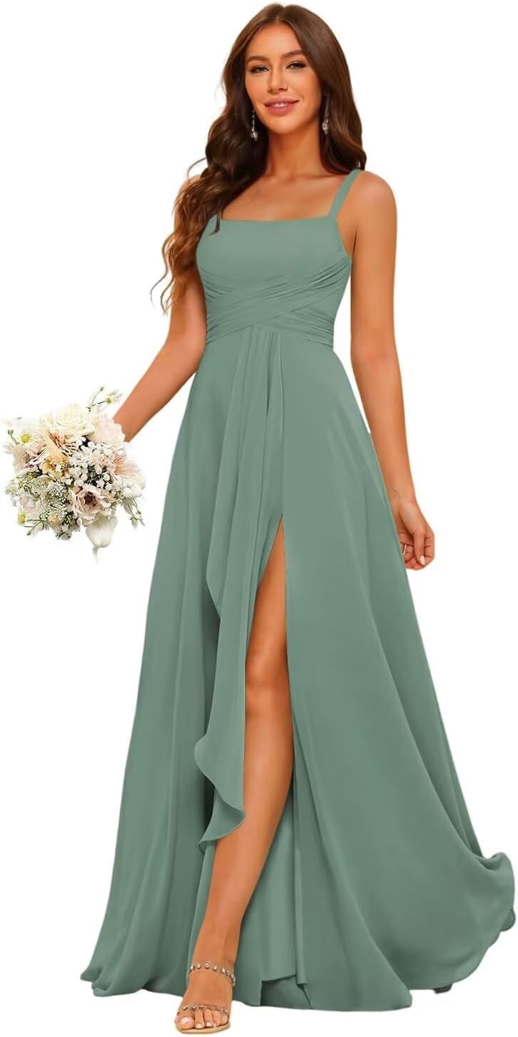 Spaghetti Strap Bridesmaid Dresses Long with Slit Chiffon Square Neck Formal Evening Dress ZU150