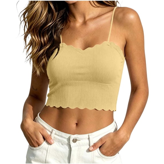 Spaghetti Strap Cami Tank Tops for Women with Build in Bra Round Neck Sleeveless Summer Short Tanks