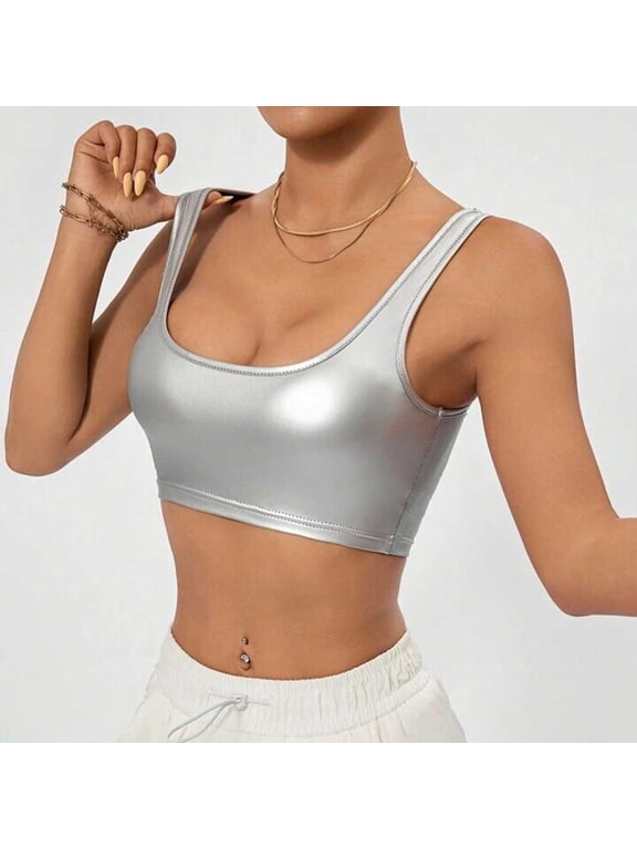 Spaghetti Strap Camis Women'S U Neck Sleeveless Clubwear Shiny Metallic Crop Top,Silver Women Blending Shirts S