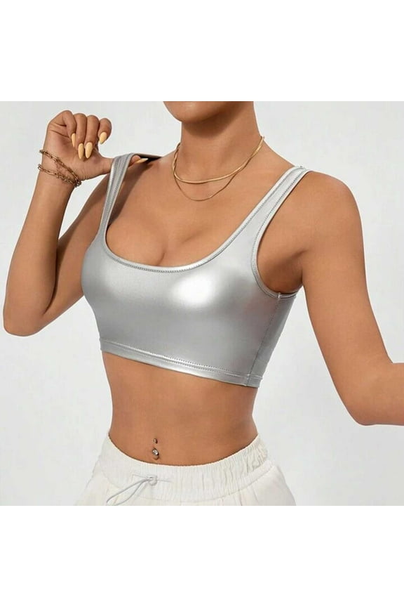 Spaghetti Strap Camis Women'S U Neck Sleeveless Clubwear Shiny Metallic Crop Top,Silver Women Blending Shirts XL