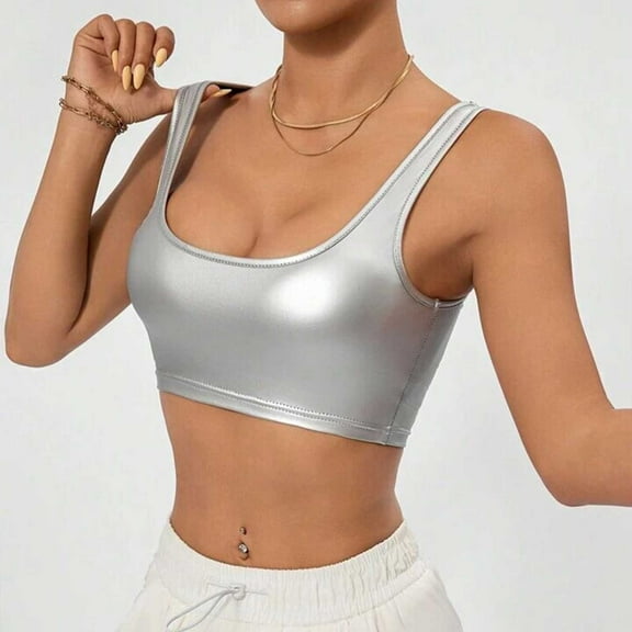 Spaghetti Strap Camis Women'S U Neck Sleeveless Clubwear Shiny Metallic Crop Top,Silver Women Blending Shirts XXL