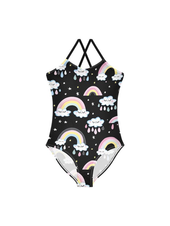 Spaghetti Strap Cloud Rainbow One Piece Swimsuit Stretch Beach Sport Bathing Suit Size 3T-10T