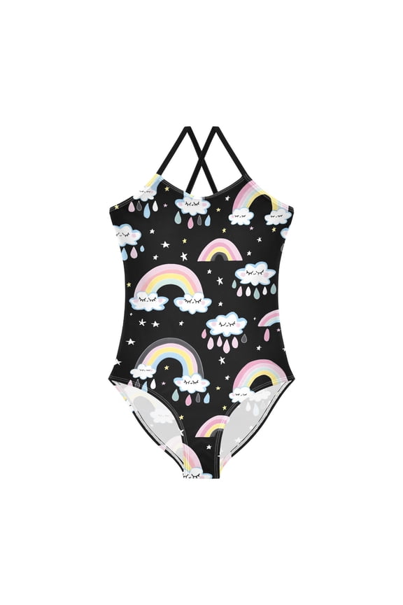 Spaghetti Strap Cloud Rainbow One Piece Swimsuit Stretch Beach Sport Bathing Suit Size 3T-10T