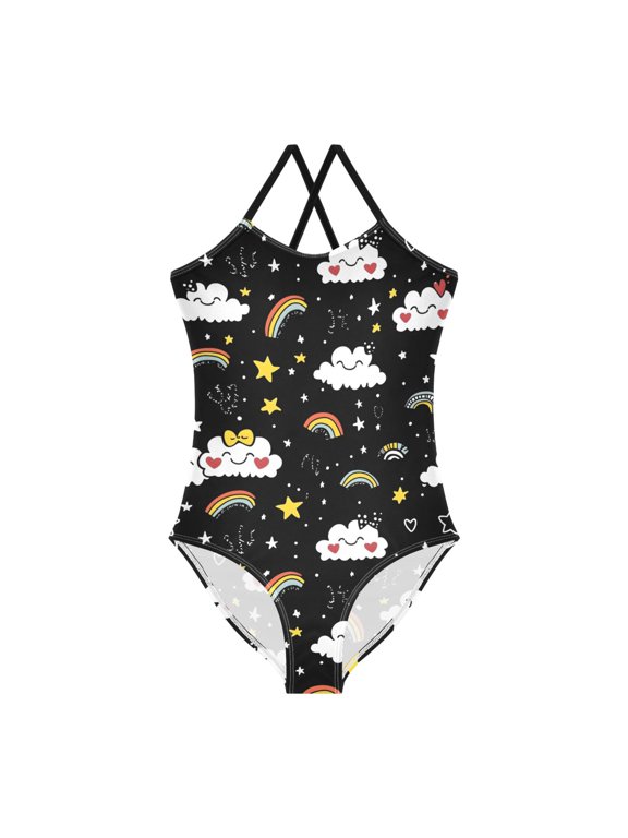 Spaghetti Strap Clouds Rainbow One Piece Swimsuit Stretch Beach Sport Bathing Suit Size 3T-10T