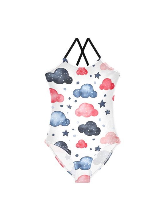 Spaghetti Strap Clouds Stars Tile One Piece Swimsuit Stretch Beach Sport Bathing Suit Size 3T-10T