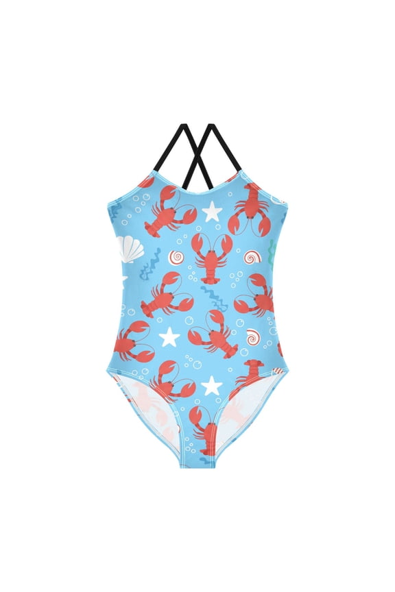 Spaghetti Strap Crayfish Shells One Piece Swimsuit Stretch Beach Sport Bathing Suit Size 3T-10T