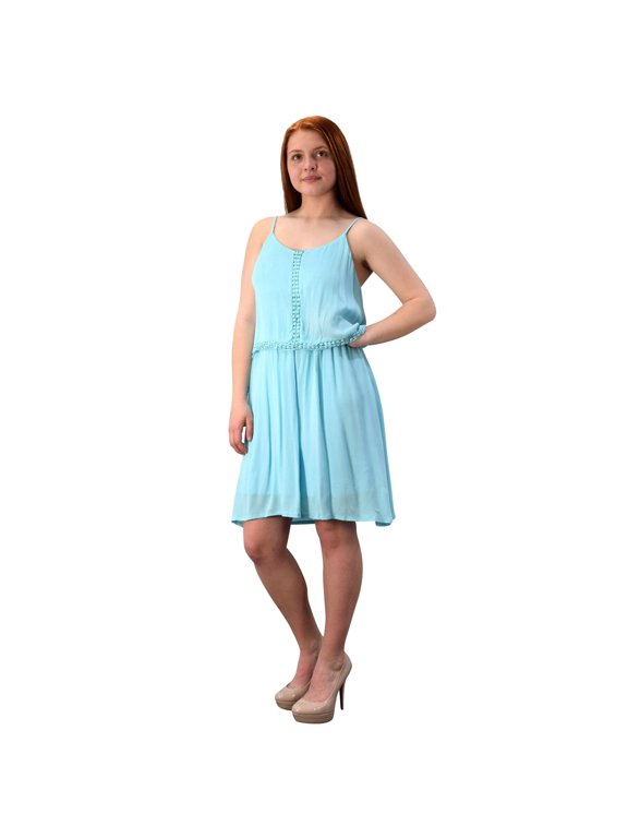 Spaghetti Strap Cut Out Back Lined Overlay Summer Crepe Dress