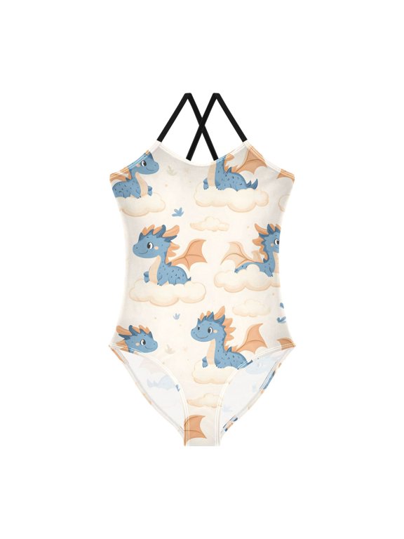 Spaghetti Strap Cute Dragon Cloud One Piece Swimsuit Stretch Beach Sport Bathing Suit Size 3T-10T