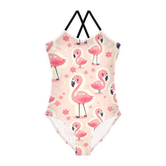 Spaghetti Strap Cute Flamingo Overlay Image One Piece Swimsuit Stretch Beach Sport Bathing Suit Size 3T-10T