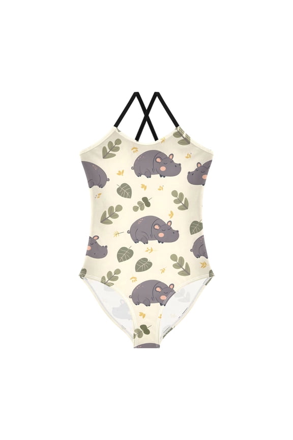 Spaghetti Strap Cute Sleepy Hippo Vector Pattern in Flat Style One Piece Swimsuit Stretch Beach Sport Bathing Suit Size 3T-10T