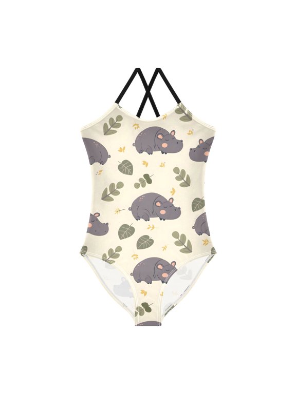 Spaghetti Strap Cute Sleepy Hippo Vector Pattern in Flat Style One Piece Swimsuit Stretch Beach Sport Bathing Suit Size 3T-10T