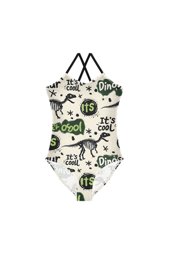 Spaghetti Strap Dinosaur Graffiti One Piece Swimsuit Stretch Beach Sport Bathing Suit Size 3T-10T
