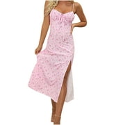 Spaghetti Strap Dresses for Women Beach Dress Floral Print Dresses Women Fashion Camis Sleeveless V Neck Slip Split Dresses Women Pleated Tie Slit s Dress