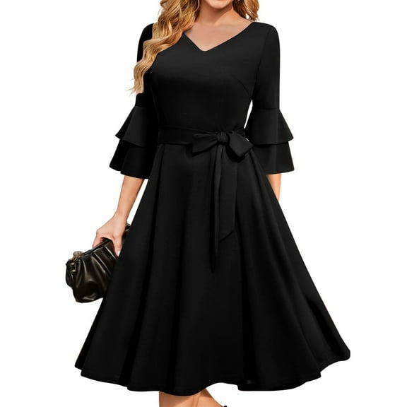 Spaghetti Strap Dresses For Women, Wedding Guest Dress Elegant Bell Sleeve Cocktail Party Church Midi Evening Dress Leather Women Ruffle Dress Hawaiian Outfits Dresses (S, Black) ZMTing