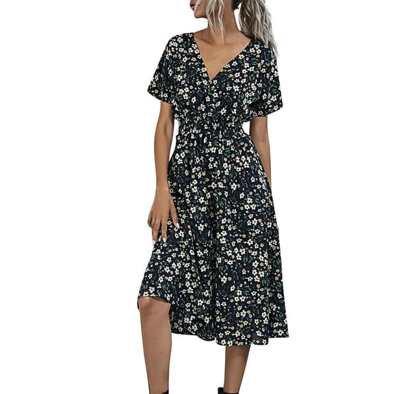 Spaghetti Strap Dresses For Women, Wedding Guest Floral Dresses V Neck Short Sleeved Flowy Tunic Long Dress Plus Size Formal Curvy Women Fall Dresses 2025 Elegant Dresses (XL, Black) ZMTing