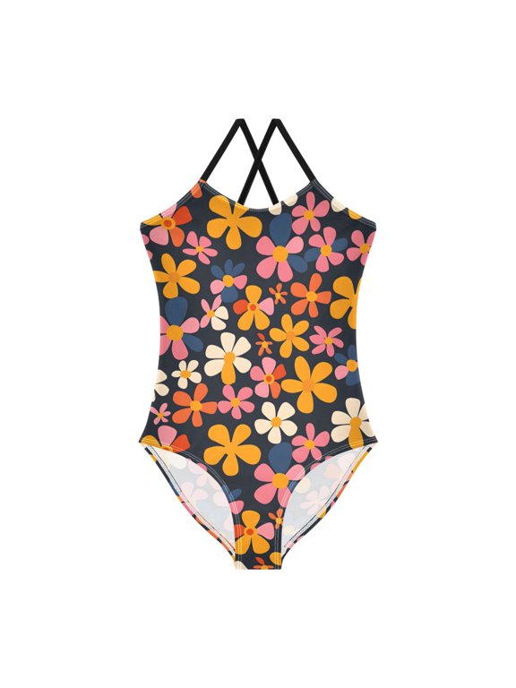 Spaghetti Strap Floral Groovy Vector One Piece Swimsuit Stretch Beach Sport Bathing Suit Size 3T-10T