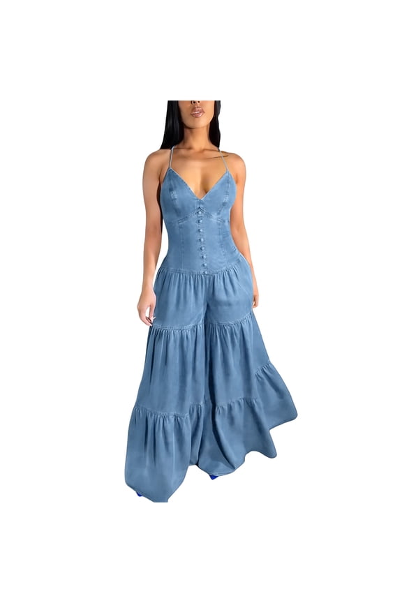 Spaghetti Strap Halter Jumpsuit for Women Sexy Summer Tiered Wide Leg Romper Boho One Piece Bell Buttom